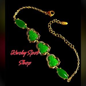 NWOT ✨🧧🐲🐉💚💛🎋 LUCKY Green Jade BUDDHA in TITANIUM GP Bracelet ✨🐲🧧 7-9”L